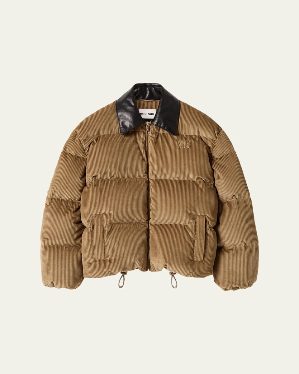 Leather-Collar Corduroy Puffer Jacket